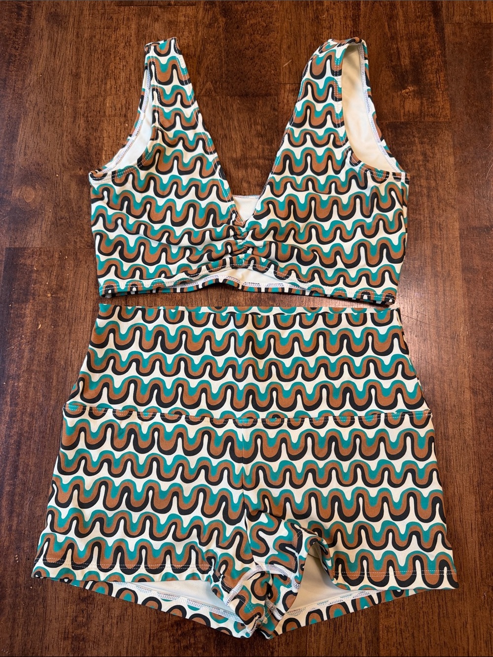 Montce Women's Wave-Print Swim Set in Teal, Brown & Cream